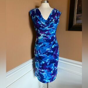 Ralph Lauren Watercolor Ruched Faux Wrap Stretch Sheath Dress Blue Purple Size 8